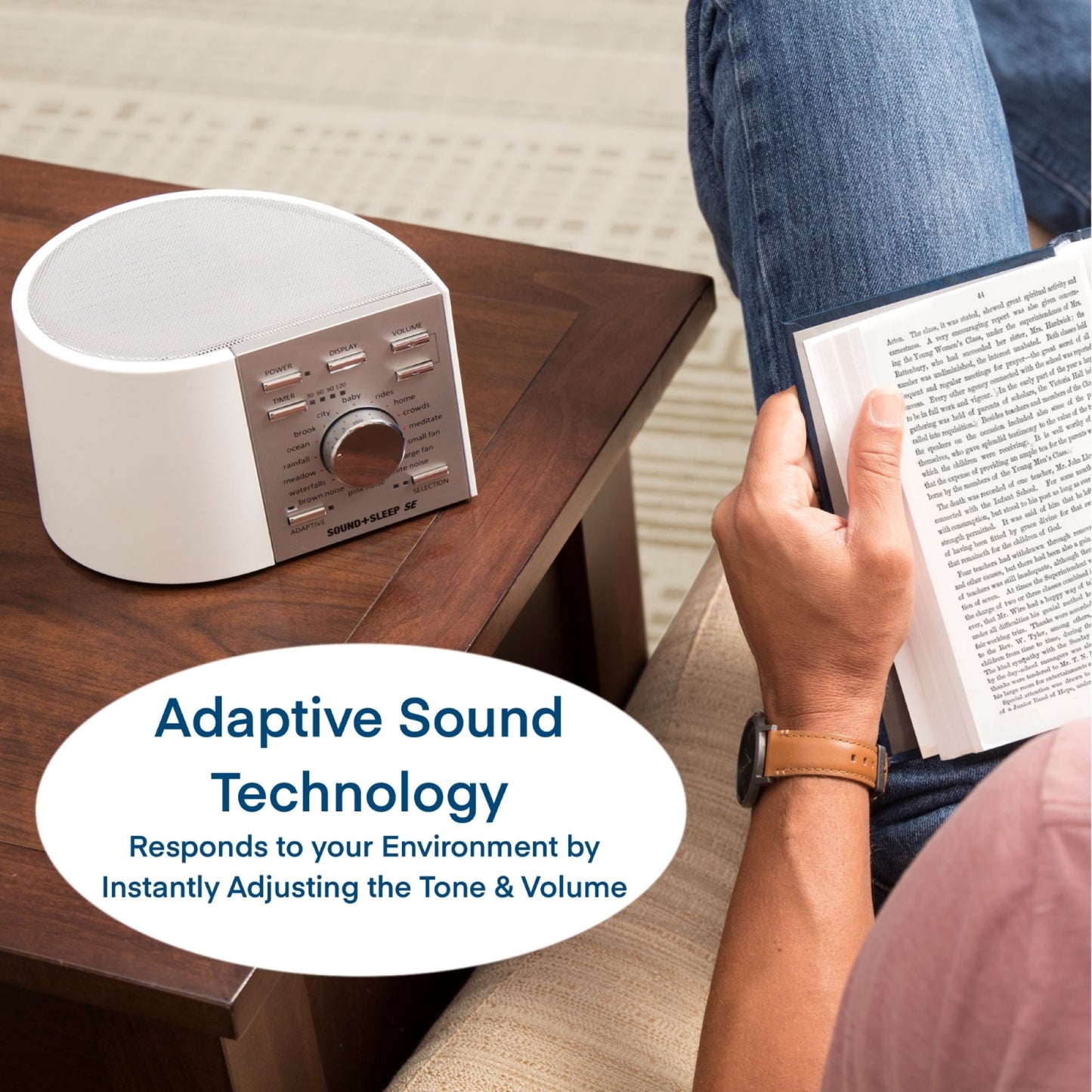 Person reading enjoying the Sound+Sleep SE's  adaptive sound technology feature 