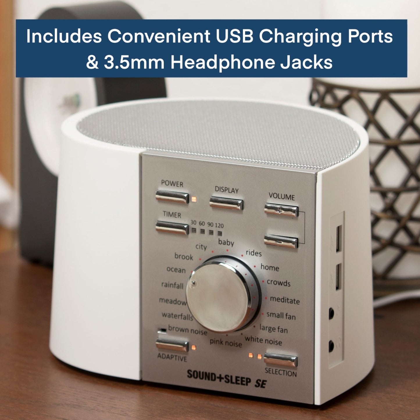 Sound+Sleep SE on table with usb charging ports and headphone jack