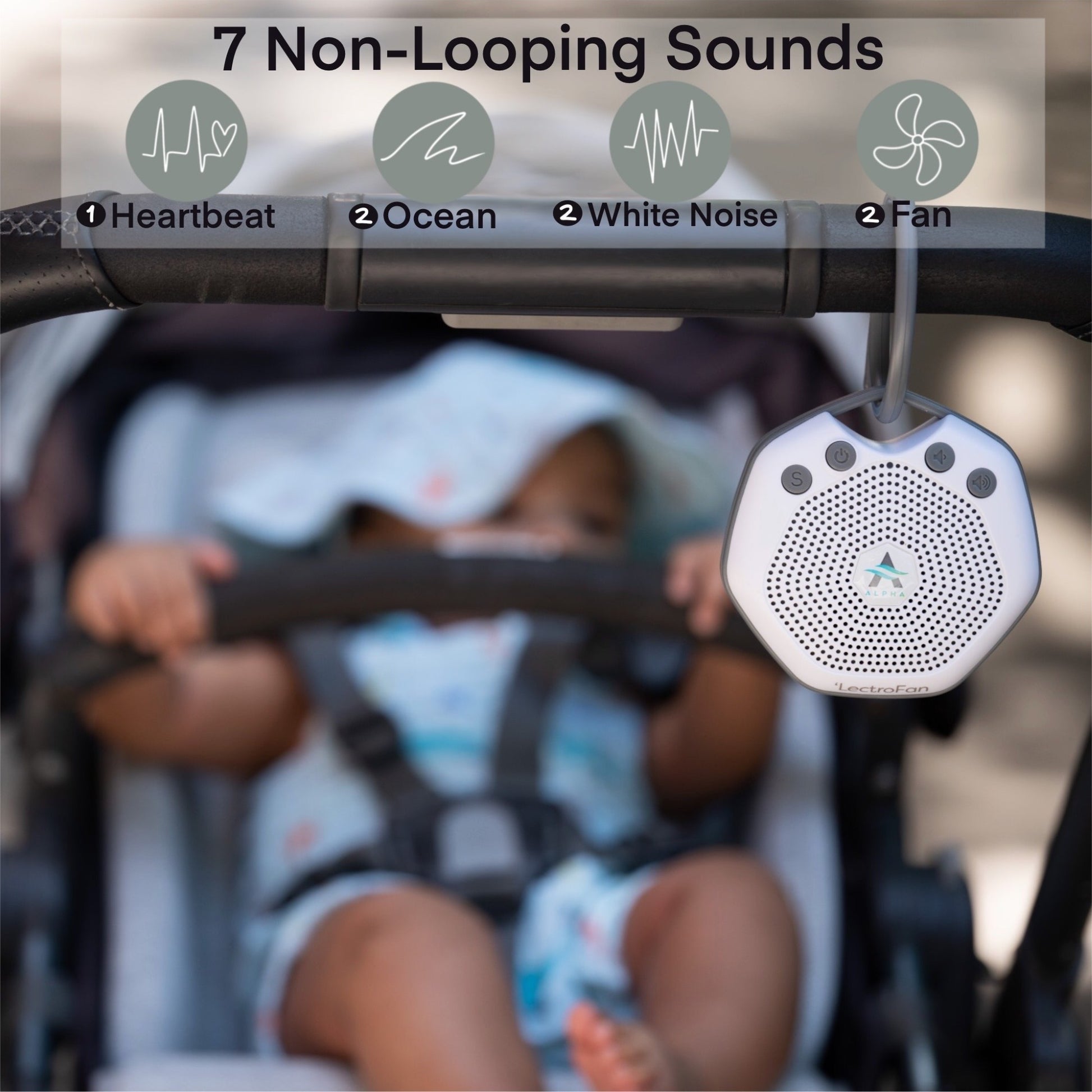 LectroFan Alpha with 7 Sounds Clipped to Baby Stroller