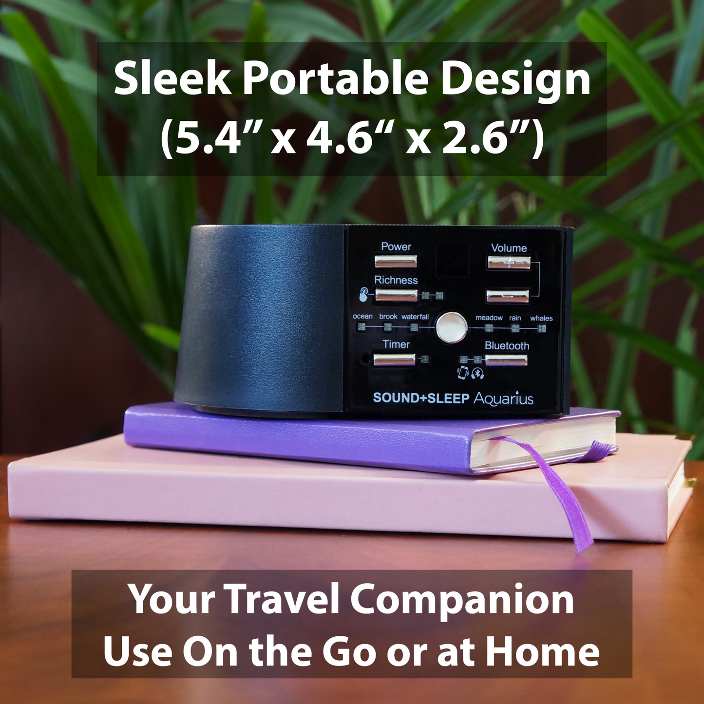 Compact and Portable Water Sound Sleep Machine Aquarius on Desk and Notebooks