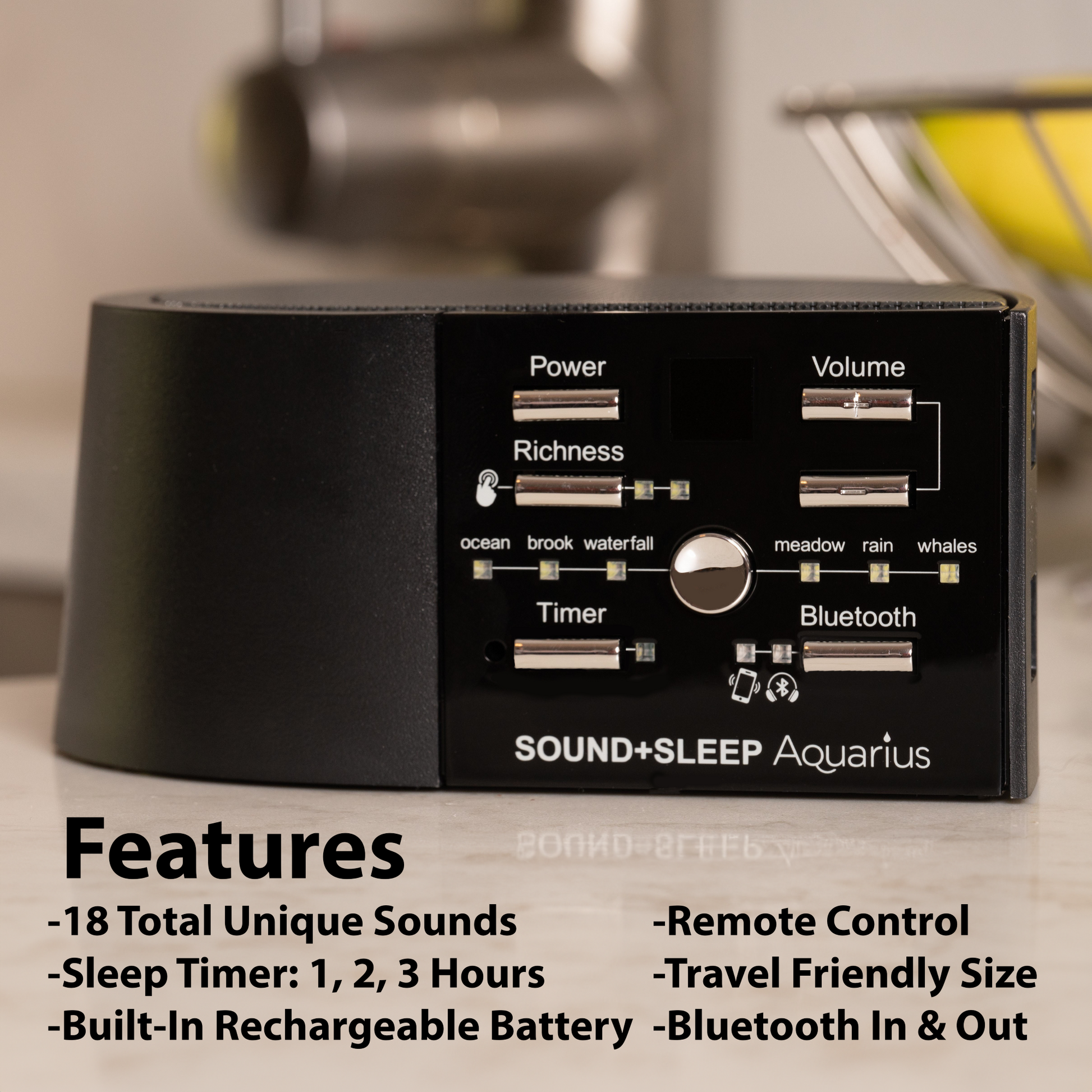 Sound+Sleep Aquarius Bluetooth  Speaker and Water Sound Machine on Kitchen Table